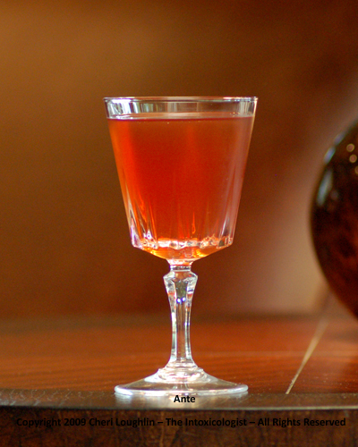 Ante cocktail. Perfect for poker night. Uses brandy, calvados and Dubonnet {photo credit: Mixologist Cheri Loughlin, The Intoxicologist}