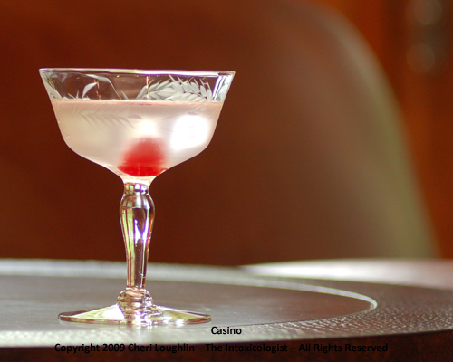 Casino cocktail is a gin based drink ideal for poker themed evenings and parties. {photo credit: Mixologist Cheri Loughlin, The Intoxicologist}
