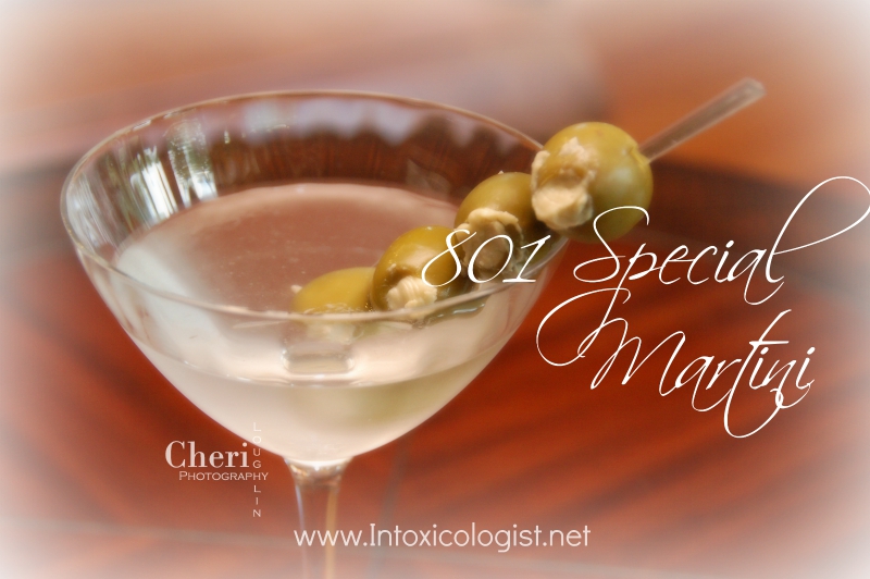 801 Special Martini: Vodka, Gin, and Olives stuffed with a mixture of Gorgonzola, Anchovy, Garlic and Tabasco Sauce.