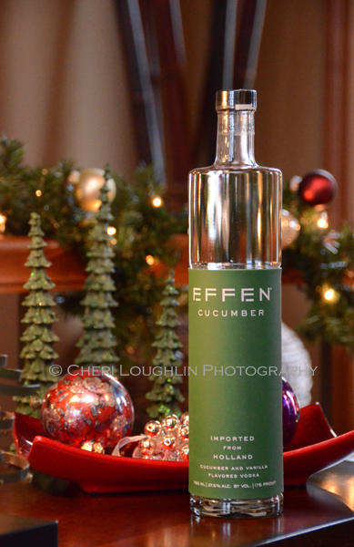 Effen Cucumber Vodka 3 bottle shot in holiday setting - photo by Mixologist Cheri Loughlin, The Intoxicologist