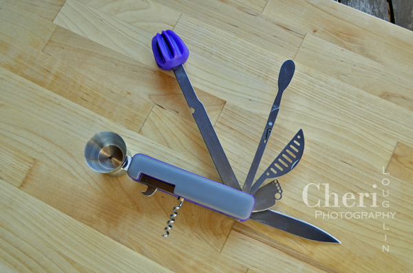 Quench Products bar10der Bar Tool Giveaway - 10-in-1 tool - Muddler, Knife, Reamer, Stirrer, Channel Knife, Strainer, Jigger, Corkscrew, Zester, Bottle Opener {photo credit: Mixologist Cheri Loughlin, The Intoxicologist}