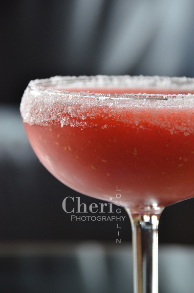 Easy Frozen Strawberry Margarita with sugared rim {recipe and photo credit: Mixologist Cheri Loughlin}