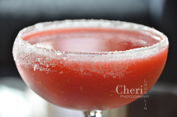 Easy Frozen Strawberry Margarita with sugared rim {recipe and photo credit: Mixologist Cheri Loughlin}