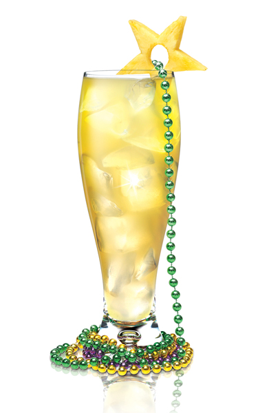 Beaded Lady Mardi Gras drink with SKYY Vodka, Gin, Triple Sec, Lime Juice, Bitters, Soda Water