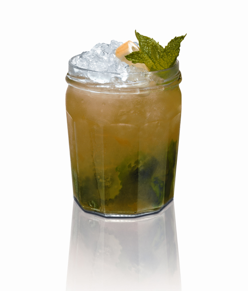 Louisiana Jam 1-1/2 ounce Southern Comfort 3/4 ounce Lemon Juice 3/4 ounce Apple Juice 2 teaspoons Apricot Jam 8 Mint Leaves 1/4 ounce Simple Syrup Lemon Wedge & Mint Sprig Garnish