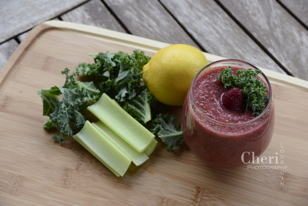 Green Confetti Smoothie - banana, pear, celery, kale, lemon, raspberries, agave syrup