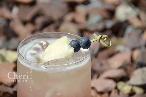 Pineapple Blueberry and Basil Cocktail - Shellback Silver Rum, Lemon Juice, Simple Syrup, Pineapple, Blueberries, Basil, Club Soda