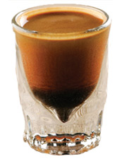 Tootsie Roll Shot 2/3 ounce Three Olives Chocolate Vodka 1/3 ounce Amaretto Drizzle of Chocolate Syrup