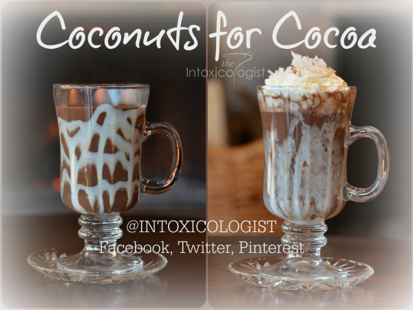 Coconuts for Cocoa has swirled marshmallow cream inside the glass. This brings lush creamy texture to the drink, giving it amazing dessert flavor quality. Dark rum and light coconut is reminiscent of vacation and relaxation. Think of it as a lightly flavored Mounds® candy bar. 
