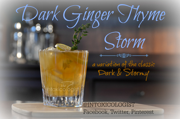 The Dark Ginger Thyme Storm variation of the Dark & Stormy with fresh lemon and dark ginger thyme syrup.