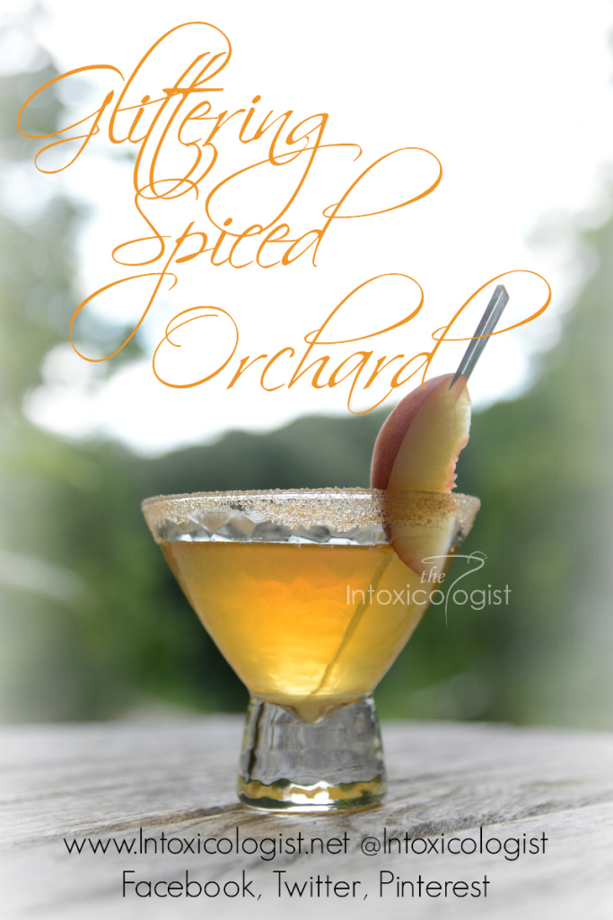 The Glittering Spiced Orchard cocktail gets its name from the wonderful spiced rim. The flavor is sweet apple with splash of peach to complement wine. 