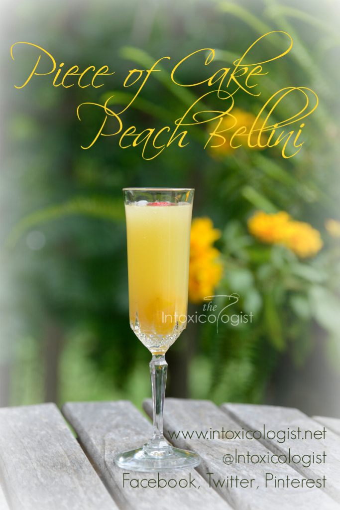 The Piece of Cake Peach Bellini can also be served in flute or cocktail glass instead of champagne flute. Peach fusion sparkling wine, cake vodka, OJ.