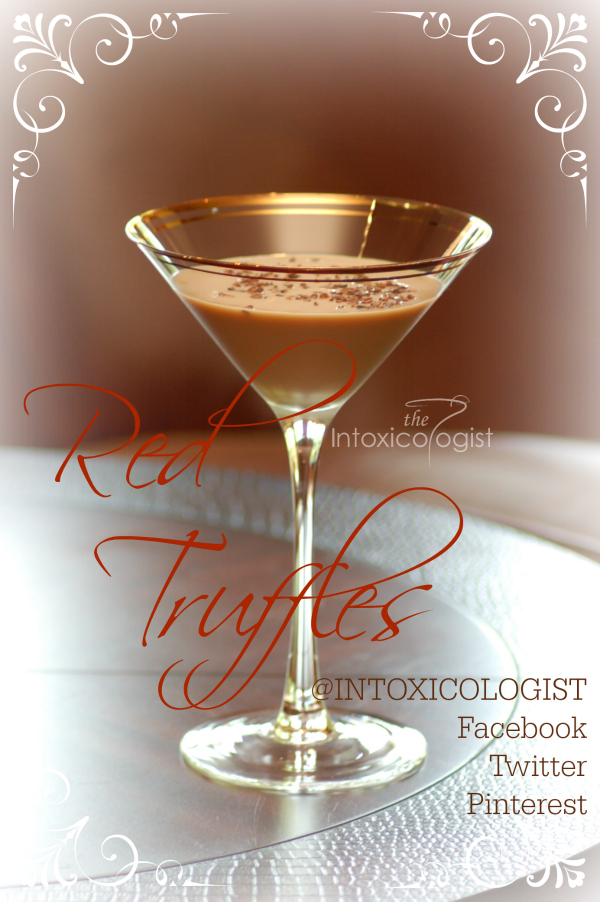 The Red Truffles dessert cocktail is a three ingredient, silky smooth drink with a bit of bourbon warmth. Cacao nibs add bittersweet crunchy texture. Delish