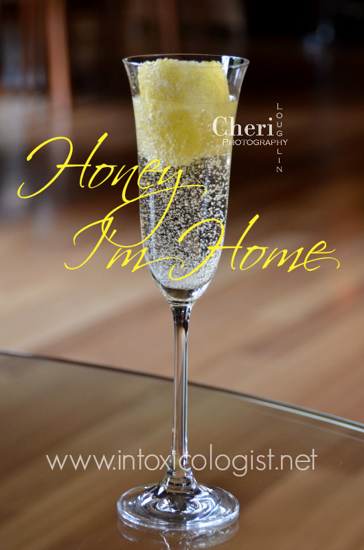 The Honey I’m Home bubbly drink uses honey flavored whiskey. The flavor is lightly sweet with a hint of honey whiskey warmth. Brut Cuvee adds crispness to the cocktail. What’s not to love about bubbles tickling at your nose?!