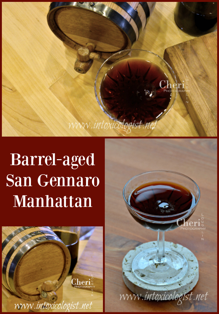 Barrel-aged San Gennaro Manhattan brings out the bittersweet notes of Amaro and Campari, giving this cocktail a decadent and completely satisfying flavor.