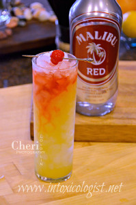 Sunset Over Malibu is a tropical, fruit forward drink with balanced sweetness using Malibu Red. It takes its cue from the Tequila Sunrise cocktail.