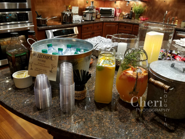 Provide a wide variety of alcohol-free choices for guests. Paloma Fizz, Pineapple Ginger Fizz, water, tea, coffee and non-alcohol Hot Toddy were on the menu.